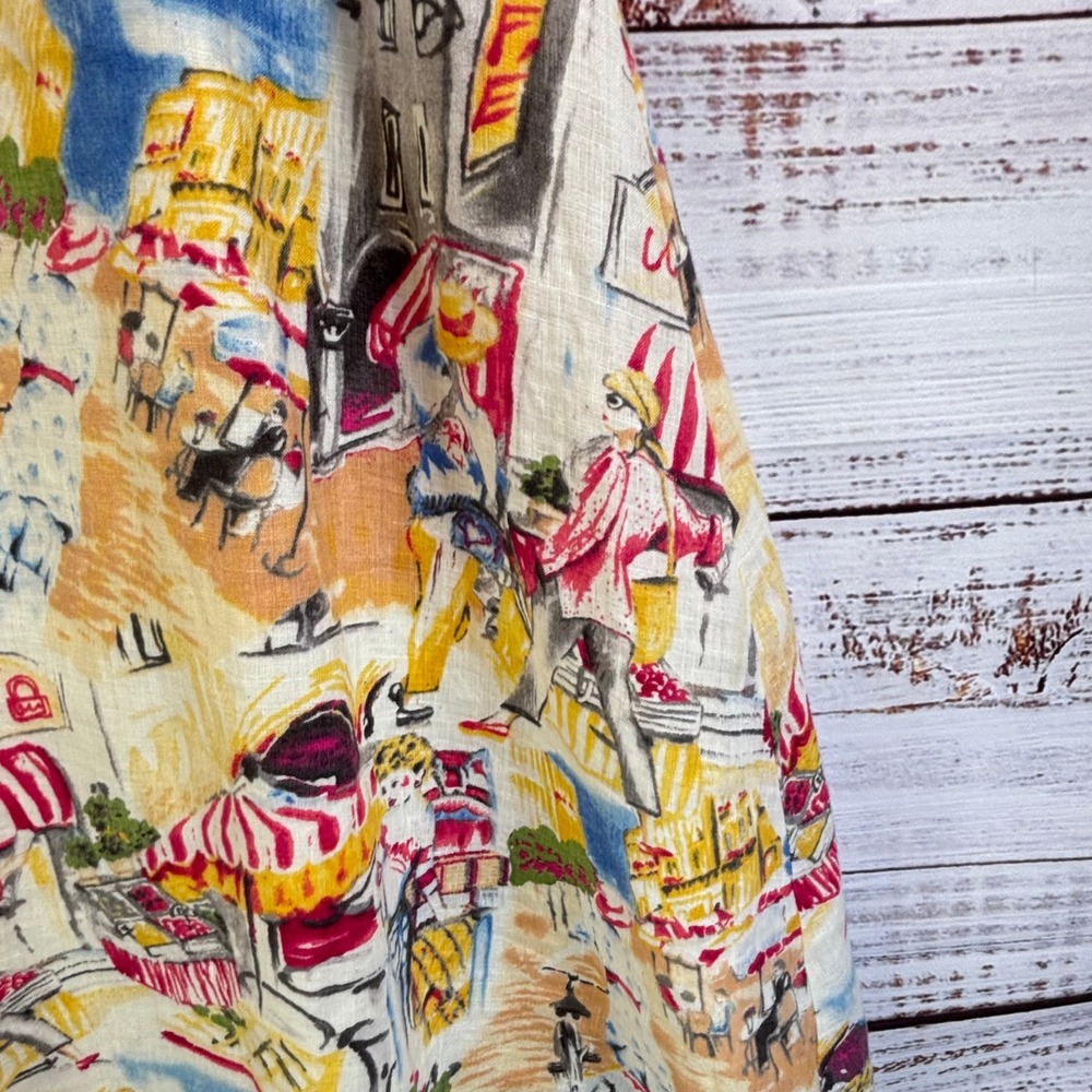 Vintage 100% Linen Midi Skirt 12 Multi Novelty European Print Eclectic Whimsy - Picture 10 of 13